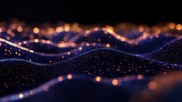Glowing particles form abstract waves with bokeh light effects against dark background, creating magical flowing digital landscape. Suitable for tech backgrounds.