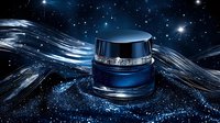 Luxury cosmetic cream jar with crystal elements on cosmic background with stars and flowing silk waves in deep blue colors. For beauty industry promotion.