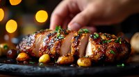 Juicy sliced duck breast with caramelized citrus sauce and roasted kumquats on dark stone plate, garnished with fresh herbs against blurred warm lights.