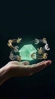 Hand holding glowing green house surrounded by floating currency symbols representing global real estate investment and financial growth opportunities.