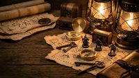 Vintage treasure hunting scene with old maps, compass, lanterns and antique keys on wooden table. Adventure exploration and pirate treasure concept.