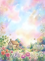 Watercolor cottage garden scene with pastel sky, roses, peonies, and a greenhouse, framed by golden floral borders for cards or prints.