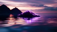Mystical mountain landscape at sunset with glowing purple lights reflecting on calm water surface, dramatic pink and purple sky creates dreamy atmosphere.
