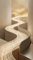 Modern curved staircase with flowing light trails and warm golden illumination creating elegant architectural movement in contemporary interior space.