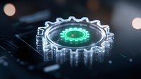 Glowing green gear mechanism on dark technological surface with bokeh lights. Futuristic mechanical concept representing automation, innovation and system optimization.