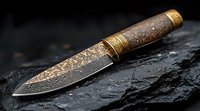 Ornate hunting knife with damascus steel blade featuring intricate etched patterns and decorative brass fittings on wooden handle, photographed on dark stone surface.