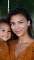 Young mixed race mother and child wearing matching orange dresses share tender smiles and close bond in natural outdoor setting. Genuine family moment captures joy and love.