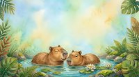 Two adorable capybaras relaxing in tropical water surrounded by lush green foliage and lily pads in serene natural habitat for wildlife and nature themes.