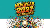 Cartoon goat wearing colorful party hat surrounded by confetti and balloons on turquoise background. Festive New Year 2027 celebration graphic for holiday cards and seasonal promotions.