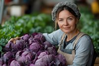 Caucasian female farmer in apron with gray beanie arranging fresh purple cabbages at local farmers market surrounded by green produce.