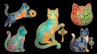 Set of five ornate lucky cats with Asian folk art patterns, isolated on transparent background. Great for stickers, sublimation, t-shirt design, and print on demand.