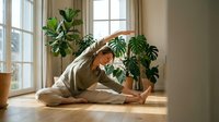 Young woman practicing yoga meditation in sunlit living room surrounded by lush green houseplants on wooden floor creating peaceful wellness atmosphere.