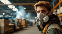 Young male worker wearing protective respirator mask in industrial warehouse environment with blurred storage facility background and ambient lighting.