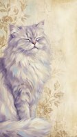 Fluffy long-haired cat with purple and lavender tones sitting against vintage floral wallpaper with cracked texture. Serene feline portrait for home decor and pet lovers.