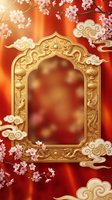 Golden ornate frame with dragon motifs and cherry blossoms on red gradient background for Asian festival celebrations and traditional design projects.
