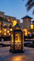 Traditional ornate lantern with glowing warm light casting intricate shadows on tiled surface at dusk, oriental architecture and palm trees in blurred background.