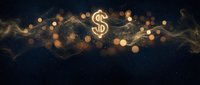 Golden dollar sign glowing with luxury bokeh lights and flowing particles on dark background for finance and wealth concepts.