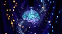 Glowing digital brain with neural networks and data streams on dark background with bokeh lights for technology and artificial intelligence concepts.