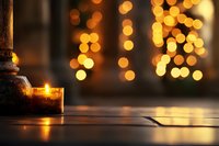 Glowing candle on wooden surface against blurred golden bokeh lights background creates cozy atmospheric mood for holiday season and winter celebrations.