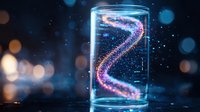 Glowing DNA helix strand floating in glass cylinder with blue bokeh background and sparkles, futuristic genetic research concept for medical science.