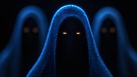 Mysterious glowing figures in dark hooded cloaks with luminous eyes emerge from shadows, creating eerie supernatural atmosphere for fantasy and horror designs.