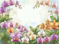 Watercolor orchid frame with colorful blooms in purple, white, and orange, surrounding a soft pastel background with copy space.
