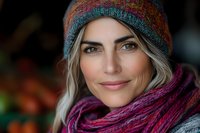 Smiling blonde woman wearing colorful knit beanie and pink scarf in autumn setting, natural makeup and casual style for seasonal fashion and lifestyle content.