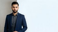 Confident young man with dark hair and beard wearing navy blazer over gray shirt, standing against white background for corporate and professional use.