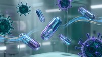 Transparent capsule pills and virus cells floating in laboratory environment for pharmaceutical and medical research concepts.