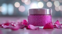 Pink glittery cosmetic jar with metallic lid surrounded by rose petals on blurred bokeh background, luxury skincare and beauty product photography.