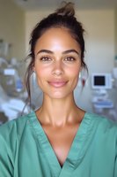 Young mixed race female medical professional in green scrubs smiling confidently at camera in hospital setting, natural makeup and hair in bun for healthcare marketing.