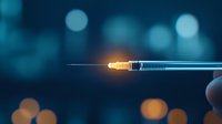 Medical syringe with glowing needle tip against blurred blue bokeh background, dramatic lighting creates futuristic atmosphere for healthcare concepts.