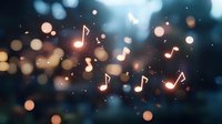 Glowing musical notes floating in dreamy bokeh background with soft orange and blue lights creating magical atmospheric composition for music themes.