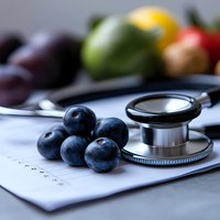 Fresh blueberries and medical stethoscope on prescription form with colorful fruits in background, representing healthy eating and preventive healthcare approach.