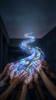 Multiple hands reaching upward releasing swirling digital data stream with colorful light trails in futuristic cityscape for technology concepts.