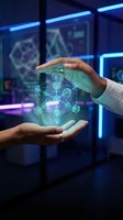 Two hands holding glowing holographic network interface with connected nodes and digital data visualization in modern tech environment with neon lighting.
