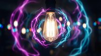 Vintage Edison bulb surrounded by vibrant purple and blue electric energy waves creating dynamic light trails against dark background for creative concepts.