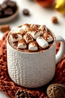 Cozy white ceramic mug filled with hot chocolate topped with mini marshmallows and cocoa powder, served on knitted orange surface with coffee beans and cookies.