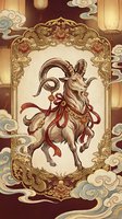 Traditional Chinese zodiac goat illustration with ornate golden frame, red ribbons, lanterns and decorative clouds in vintage Asian art style.