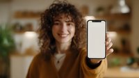 Young woman with curly hair showing blank smartphone screen in cozy home interior, perfect for app or website mockup presentation.