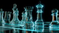 Glowing glass chess pieces on illuminated board against black background, showcasing strategic game elements with futuristic blue lighting effect.