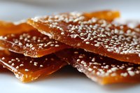Homemade golden toffee brittle pieces with sea salt crystals scattered on top, creating a sweet and salty contrast on white surface, macro food photography.