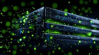 Server rack with glowing green lights and bokeh effects in dark data center environment, representing modern technology and network infrastructure.