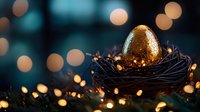 Golden egg nestled in dark nest with glowing fairy lights creating magical bokeh effect against teal background, festive Easter composition.