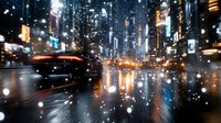 Snowy winter night cityscape with blurred motion effect showing illuminated skyscrapers, street lights and traffic reflections on wet asphalt during snowfall.