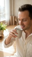 Middle-aged Caucasian man in casual beige linen shirt enjoying warm beverage from ceramic mug in bright, minimalist home interior with potted plant and window light.