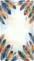 Watercolor feathers in navy, gold, and rust tones frame a white center space with splatter accents. Isolated design element ready for invitations, posters, and greeting cards.