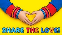 Hands forming a heart shape with colorful bracelets on bright yellow background, Share The Love text, fun and vibrant design for kids.