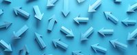 Blue directional arrows scattered randomly on light blue background creating dynamic movement pattern and modern business concept for growth and success.