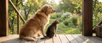 Golden retriever dog and tabby cat sitting together on wooden deck porch during golden hour sunset, peaceful companionship between pets outdoors.